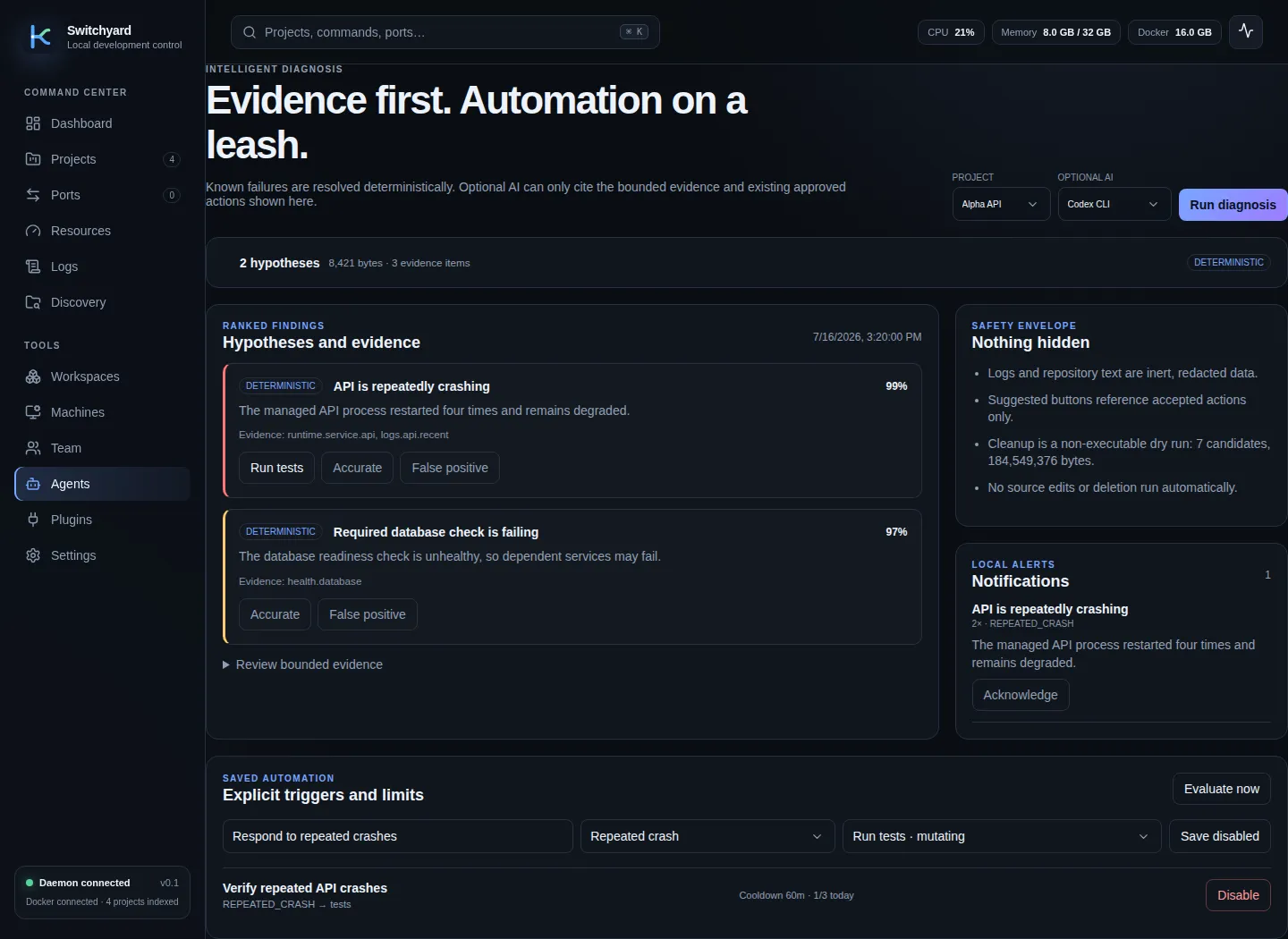 Switchyard product view demonstrating local-first security.