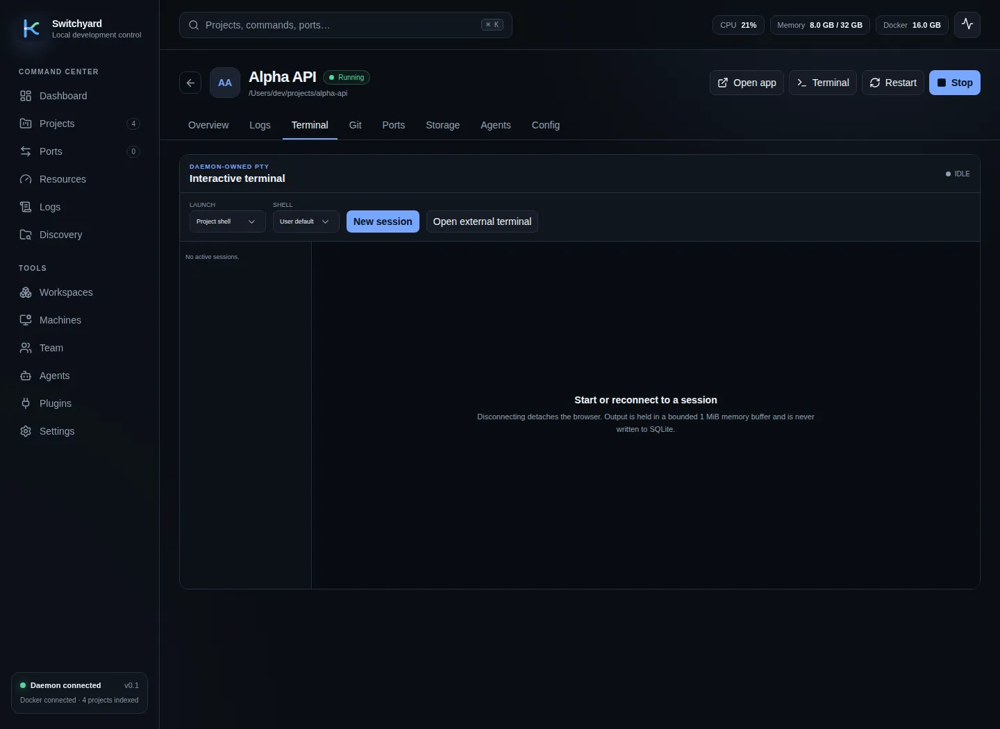 Switchyard product view demonstrating codex, claude code, and mcp.